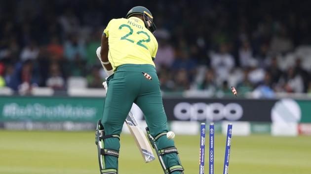 South Africa's Lungi Ngidi is clean bowled by Pakistan's Wahab Riaz during their Cricket World Cup match between Pakistan and South Africa at Lord's cricket ground in London, Sunday, June 23, 2019 (AP) South Africa's Lungi Ngidi is clean bowled by Pakistan's Wahab Riaz during their Cricket World Cup match between Pakistan and South Africa at Lord's cricket ground in London, Sunday, June 23, 2019 (AP)