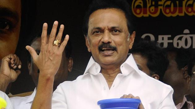 DMK President MK Stalin during a protest in Chennai against the Tamil Nadu government demanding a solution to teh water crissi in the state. (ANI) DMK President MK Stalin during a protest in Chennai against the Tamil Nadu government demanding a solution to teh water crissi in the state. (ANI)
