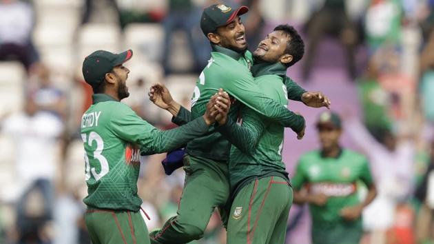 Southampton: Bangladesh's Shakib Al Hasan, right, celebrates taking the wicket of Afghanistan's Mohammad Nabi.(AP)