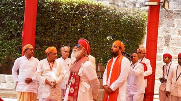 Arvind Singh Mewar with his son Lakshyaraj at the puja. Arvind Singh Mewar with his son Lakshyaraj at the puja.