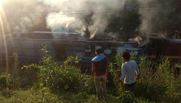 The collision between a passenger train and a maintenance engine in Raygada in Odisha sparked a fire which also injured four railway officials. (HT PHOTO) The collision between a passenger train and a maintenance engine in Raygada in Odisha sparked a fire which also injured four railway officials. (HT PHOTO)