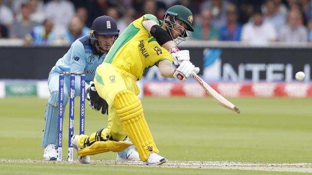 Australia's David Warner plays a shot off the bowling of England's Adil Rashid. (AP)