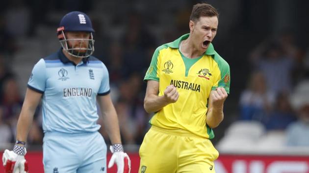 Australia's Jason Behrendorff celebrates after taking the wicket of England's James Vince. (AP)