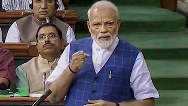 Prime Minister Narendra Modi speaks in the Lok Sabha during the 'Motion of Thanks on President's Address', at Parliament in New Delhi, Tuesday, June 25, 2109.(PTI photo)