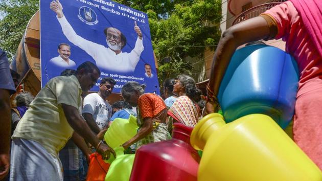 Residents line up to collect water from a free distribution tanker organised by fans of actor Rajinikanth. John said there is no immediate hope for rains to end the crisis, with the northeast monsoon not expected before October. “If the water doesn’t come, people will be shedding blood instead of tears,” said housewife Parvathy Ramesh, 34, as she endured her daily queue in Chennai’s stifling heat. (Arun Sankar / AFP) Residents line up to collect water from a free distribution tanker organised by fans of actor Rajinikanth. John said there is no immediate hope for rains to end the crisis, with the northeast monsoon not expected before October. “If the water doesn’t come, people will be shedding blood instead of tears,” said housewife Parvathy Ramesh, 34, as she endured her daily queue in Chennai’s stifling heat. (Arun Sankar / AFP)