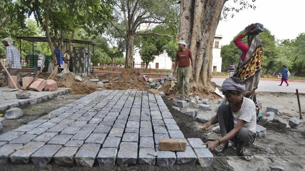 Several new public amenities have been included in the fort complex which includes new street lights, pathways made of sandstone to replace metalled roads, public holding areas with new benches, and new drinking water kiosks with RO. (Burhaan Kinu / HT Photo)