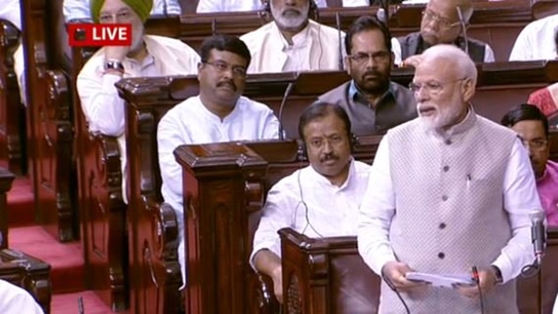 Prime Minister Narendra Modi during his address to the Rajya Sabha on Wednesday.(ANI)