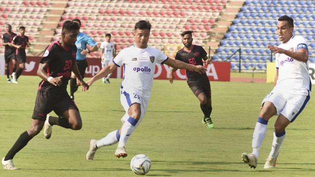 Players of Minerva Punjab FC (in black) and Chennaiyin FC (in white) in action during their AFC Cup Football match, at Indira Gandhi Athletics Stadium, Sarusajai in Guwahati, Wednesday, June 19, 2019.(PTI)