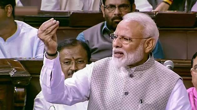 Prime Minister Narendra Modi speaks in the Rajya Sabha during the 'Motion of Thanks on President's Address', at Parliament in New Delhi. (RSTV/PTI Photo)