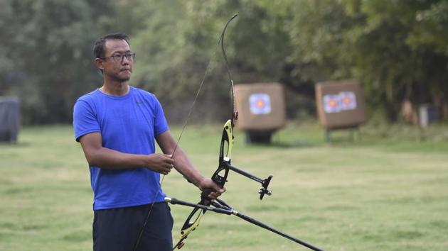 New Delhi, India - June 19, 2019: Archer Tarundeep Rai seen at training session at Nehru Stadium in New Delhi, India, on Wednesday, June 19, 2019. (Photo by Vipin Kumar/ Hindustan Times)(Vipin Kumar/HT PHOTO)