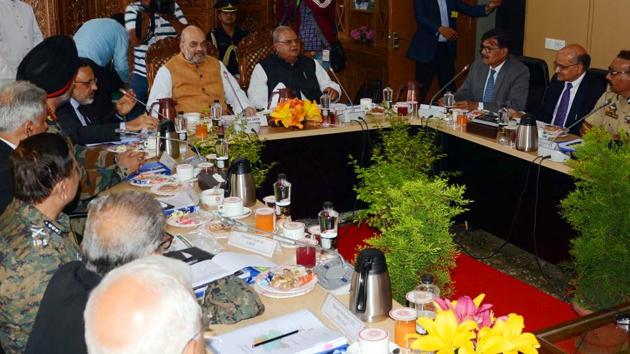 Union Home Minister Amit Shah conducted a review meeting of the security arrangements for Amarnath Yatra in Srinagar on Wednesday. He directed all security agencies to be fully alert and take all preventive steps to ensure violence free Yatra. (ANI Photo)