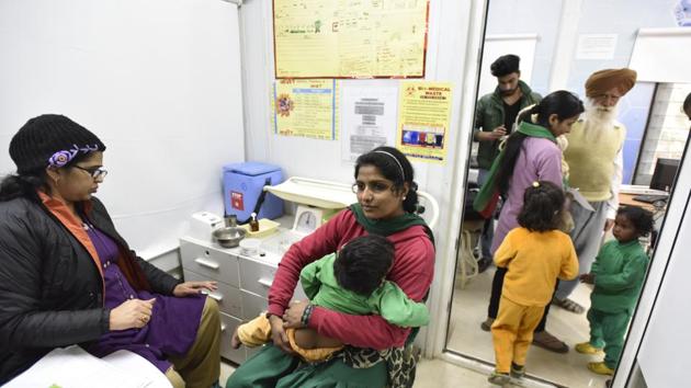 The score is calculated on 23 parameters, including key health issues such as sex ratio, neonatal mortality, immunisation coverage, and data captured, infrastructure and availability of human resources. (Virendra Singh Gosain/ Hindustan Times) The score is calculated on 23 parameters, including key health issues such as sex ratio, neonatal mortality, immunisation coverage, and data captured, infrastructure and availability of human resources. (Virendra Singh Gosain/ Hindustan Times)