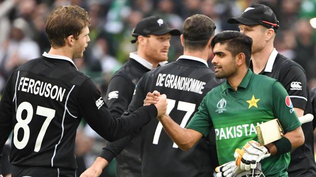 Babar Azam (3R) shakes hands with Lockie Ferguson (L) after Pakistan’s win over New Zealand.(AFP) Babar Azam (3R) shakes hands with Lockie Ferguson (L) after Pakistan’s win over New Zealand.(AFP)