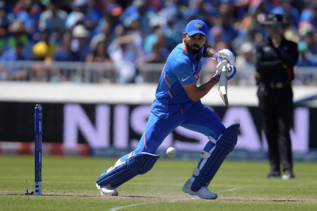 India's captain Virat Kohli plays a shot during the 2019 Cricket World Cup group stage match between West Indies and India (AFP)