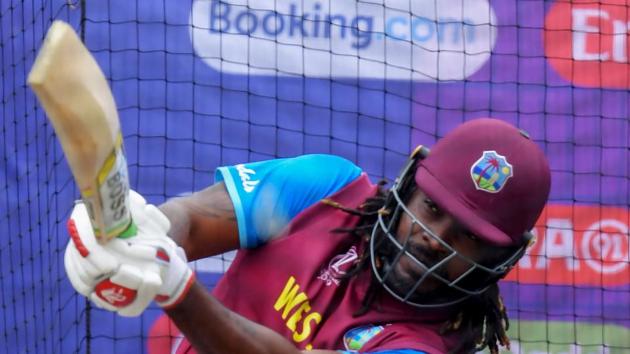 West Indies' Chris Gayle bats in the nets during a training session at Old Trafford.(AFP)