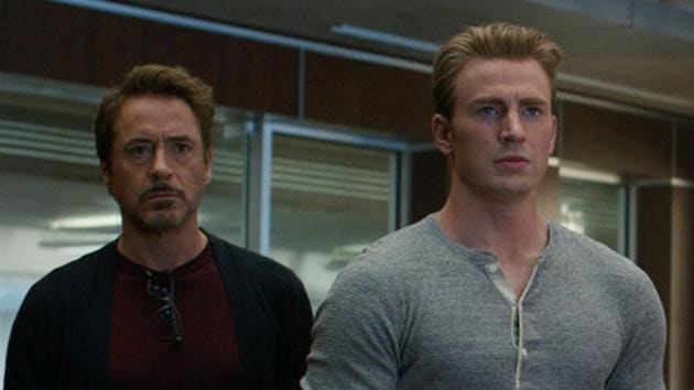 This image released by Disney shows, from left Robert Downey Jr. and Chris Evans in a scene from Avengers: Endgame.(AP)