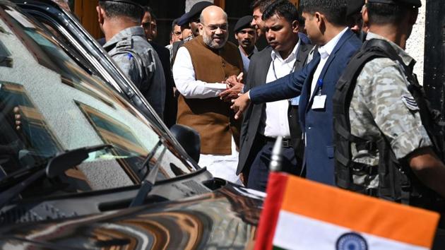 Home Minister Amit Shah leaves after visiting family members of a slain police officer Arshad Khan, who was killed during attack by militants in Anantnag in south of Srinagar, in Srinagar on June 27, 2019.(AFP)