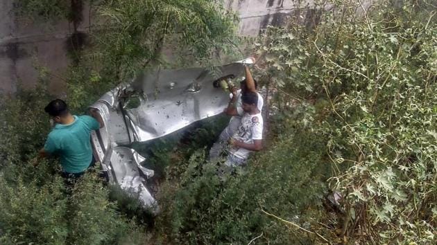 Wreckage of the fighter plane's fuel tank. Prompt action by an Indian Air Force (IAF) pilot saved his Jaguar fighter aircraft after it suffered a bird hit soon after taking off from the Ambala air base and landed back safely on Thursday morning. “The pilot jettisoned his fuel tanks and external stores including some 10 kg practice bombs to gain height and managed to land back safely,” IAF officials said. (PTI)