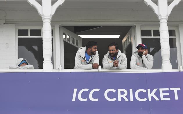 Indian players Kuldeep Yadav, Vijay Shankar, Kedar Jadhav, and Mohammed Shami spend time outside their dressing room. (AP) Indian players Kuldeep Yadav, Vijay Shankar, Kedar Jadhav, and Mohammed Shami spend time outside their dressing room. (AP)