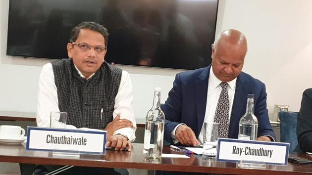 Vijay Chauthaiwale, head of the BJP’s foreign affairs cell, and Rahul Roy-Chaudhury, senior fellow for South Asia, during an interaction with academics, diplomats and policy experts at the International Institute for Strategic Studies in London on Friday. HT Photo. (HT Photo) Vijay Chauthaiwale, head of the BJP’s foreign affairs cell, and Rahul Roy-Chaudhury, senior fellow for South Asia, during an interaction with academics, diplomats and policy experts at the International Institute for Strategic Studies in London on Friday. HT Photo. (HT Photo)