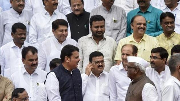 CM Devendra Fadnavis greets speaker Haribhau Bagde at the Assembly (Kunal Patil/HT) CM Devendra Fadnavis greets speaker Haribhau Bagde at the Assembly (Kunal Patil/HT)