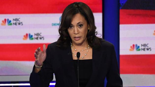 kamala Harris staked her claim to top-tier status in the Democratic primary with a searing indictment of Joe Biden. (AFP)