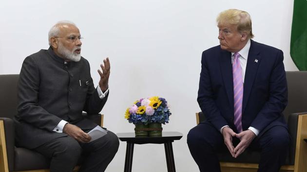 US President Donald Trump meets with Indian Prime Minister Narendra Modi during a meeting on the sidelines of the G-20 summit in Osaka, Japan(AP)