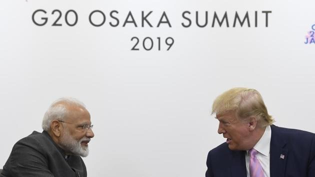 President Donald Trump shakes hands with Indian Prime Minister Narendra Modi during a meeting on the sidelines of the G-20 summit in Osaka, Japan.(AP)