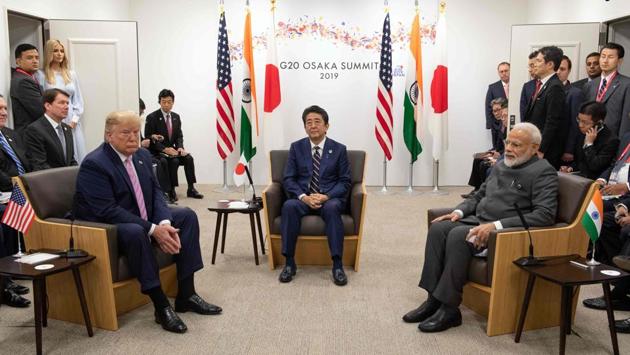 Prime Minister Narendra Modi on Friday held talks with US President Donald Trump and discussed various bilateral and global issues including Iran, 5G communications networks, trade and defence ahead of the G-20 Summit. The two leaders met shortly after the Japan-America-India trilateral meeting during which Modi highlighted “the importance India attaches to” the grouping. (Carl Court / Pool / AFP) Prime Minister Narendra Modi on Friday held talks with US President Donald Trump and discussed various bilateral and global issues including Iran, 5G communications networks, trade and defence ahead of the G-20 Summit. The two leaders met shortly after the Japan-America-India trilateral meeting during which Modi highlighted “the importance India attaches to” the grouping. (Carl Court / Pool / AFP)