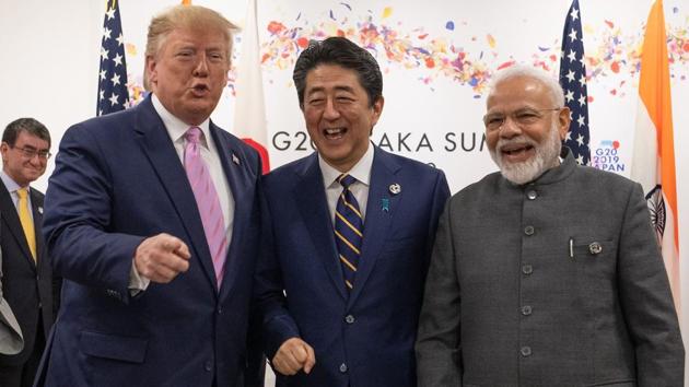 Prime Minister Narendra Modi, US President Donald Trump and Japan Prime Minister Shinzo Abe started their trilateral in Osaka.(Bloomberg)