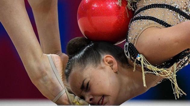 Russia’s Dina Averina competes in the Individual Multiple event of the Rhythmic Gymnastics at the 2019 European Games in Minsk, Belarus. (Kirill Kudryavtsev / AFP) Russia’s Dina Averina competes in the Individual Multiple event of the Rhythmic Gymnastics at the 2019 European Games in Minsk, Belarus. (Kirill Kudryavtsev / AFP)