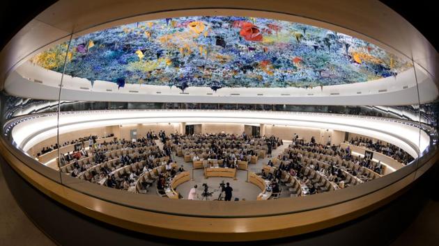 A general view of the United Nations Human Rights Council room during a debate on the report of (UN) special rapporteur on extrajudicial, summary or arbitrary executions of the killing of Saudi journalist Jamal Khashoggi in Geneva, Switzerland. (Fabrice Coffrini / AFP) A general view of the United Nations Human Rights Council room during a debate on the report of (UN) special rapporteur on extrajudicial, summary or arbitrary executions of the killing of Saudi journalist Jamal Khashoggi in Geneva, Switzerland. (Fabrice Coffrini / AFP)
