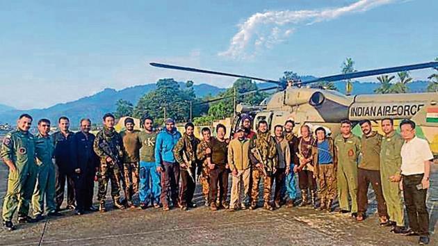 The team comprised eight personnel from the IAF, four from the army and three civilians, including Taka Tamut, who had summited Mount Everest.(HT Photo)