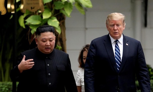 North Korea’s leader Kim Jong Un and U.S. President Donald Trump talk in the garden of the Metropole hotel during the second North Korea-U.S. summit in Hanoi, Vietnam.((Reuters file photo))