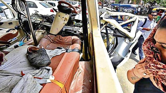 The mangled remains of a tempo traveller after a road accident at NH24. (Photo by Raj K Raj/ Hindustan Times) The mangled remains of a tempo traveller after a road accident at NH24. (Photo by Raj K Raj/ Hindustan Times)