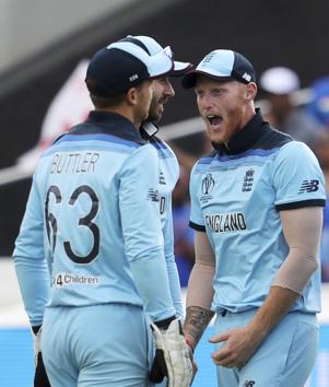 England's Ben Stokes, right, and Jos Buttler celebrate the dismissal of India's Rishabh Pant. (AP) England's Ben Stokes, right, and Jos Buttler celebrate the dismissal of India's Rishabh Pant. (AP)