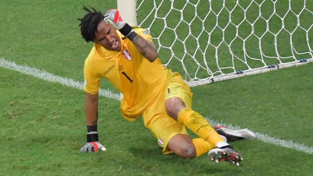 Peru's goalkeeper Pedro Gallese celebrates after stopping the penalty taken by Uruguay's Luis Suarez.(AFP) Peru's goalkeeper Pedro Gallese celebrates after stopping the penalty taken by Uruguay's Luis Suarez.(AFP)