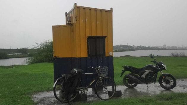 Cabins have been installed near Uran wetlands for the security guards.(HT Photo)