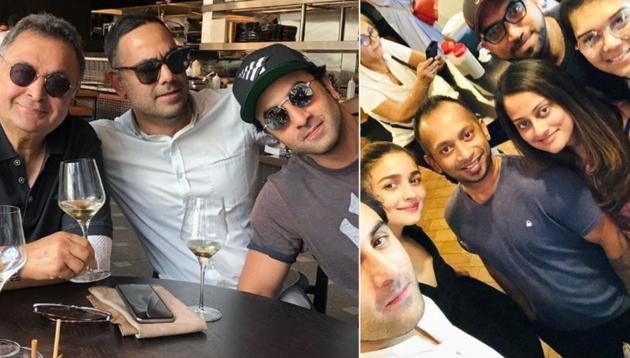 Ranbir Kapoor with father Rishi Kapoor (left) and with Alia Bhatt and fans in New York (right).(Instagram)