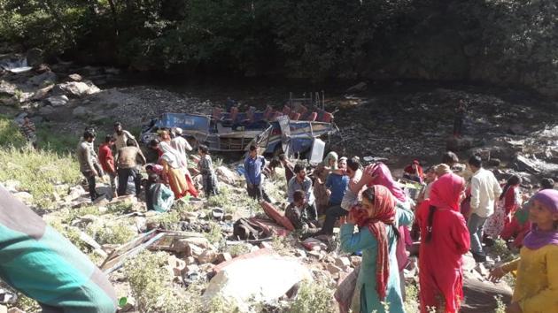 At least 35 people were killed and 17 others were injured when an overloaded mini bus veered off the road and fell into a deep gorge in Kishtwar district of Jammu and Kashmir on Monday morning. Locals were the first responders to the accident. The injured have been shifted to District Hospital Kishtwar. (HT Photo) At least 35 people were killed and 17 others were injured when an overloaded mini bus veered off the road and fell into a deep gorge in Kishtwar district of Jammu and Kashmir on Monday morning. Locals were the first responders to the accident. The injured have been shifted to District Hospital Kishtwar. (HT Photo)