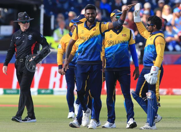 Sri Lanka's Isuru Udana (C) celebrates with teammates after the run-out dismissal of West Indies' Carlos Brathwaite. (AFP) Sri Lanka's Isuru Udana (C) celebrates with teammates after the run-out dismissal of West Indies' Carlos Brathwaite. (AFP)