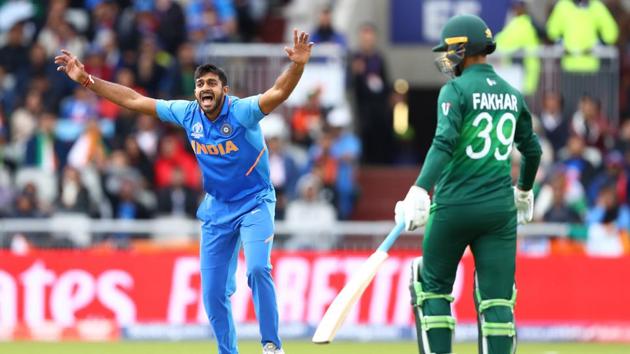 Vijay Shankar of India appeals successfully for the wicket of Imam ul Haq of Pakistan during the Group Stage match of the ICC Cricket World Cup 2019 between India and Pakistan at Old Trafford.(Getty Images)