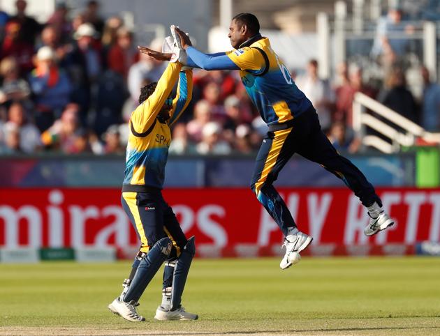 Sri Lanka's Angelo Mathews celebrates after taking the wicket of West Indies' Nicholas Pooran.(Reuters)