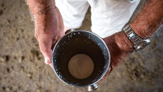 A farmer shows a bucket with donkey milk. The mixture also helps make up for the fact that donkeys produce less than a litre of milk a day -- a fraction of the 40 litres a cow can provide. (Andrej Isakovic / AFP) A farmer shows a bucket with donkey milk. The mixture also helps make up for the fact that donkeys produce less than a litre of milk a day -- a fraction of the 40 litres a cow can provide. (Andrej Isakovic / AFP)