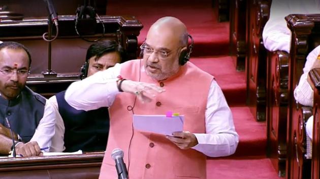 Union Home Minister Amit Shah on Monday moved the Rajya Sabha a resolution for extending President’s rule in Jammu and Kashmir and the amendment bill of the Jammu and Kashmir Reservation Act, 2004. Both were passed by the Lok Sabha on Friday. (ANI) Union Home Minister Amit Shah on Monday moved the Rajya Sabha a resolution for extending President’s rule in Jammu and Kashmir and the amendment bill of the Jammu and Kashmir Reservation Act, 2004. Both were passed by the Lok Sabha on Friday. (ANI)