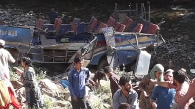 At least 35 people were killed and 17 others were injured when an overloaded mini bus veered off the road and fell into a deep gorge in Kishtwar district of Jammu and Kashmir on the morning of July 1, 2019.(HT Photo) At least 35 people were killed and 17 others were injured when an overloaded mini bus veered off the road and fell into a deep gorge in Kishtwar district of Jammu and Kashmir on the morning of July 1, 2019.(HT Photo)