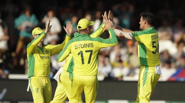 Australian players celebrate the fall of a match during an ICC World Cup 2019 match. (AP)