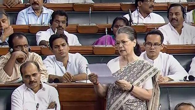 Congress Parliamentary Party Chairperson Sonia Gandhi speaks in the Lok Sabha during the Budget Session of Parliament, in New Delhi, Tuesday, July 2, 2019.(PTI) Congress Parliamentary Party Chairperson Sonia Gandhi speaks in the Lok Sabha during the Budget Session of Parliament, in New Delhi, Tuesday, July 2, 2019.(PTI)