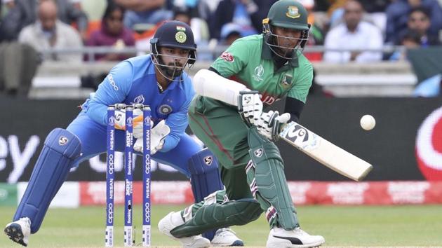 Shakib Al Hasan in action during the ICC World Cup 2019 encounter against India.(AP)