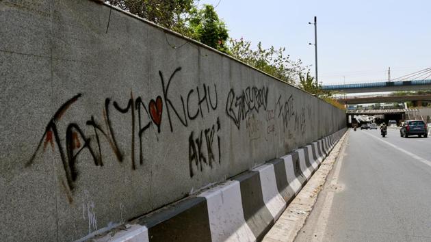 Graffiti scribbled over the walls at Moolchand underpass. The rising number of such cases and the lack of provision to book the culprits under stringent sections have prompted government agencies to come up with newer ways to protect victims and cover such graffiti. One of south Delhi’s busiest points, the Moolchand underpass, is one of the best examples of how public property is used to harass women. (Amal KS / HT Photo) Graffiti scribbled over the walls at Moolchand underpass. The rising number of such cases and the lack of provision to book the culprits under stringent sections have prompted government agencies to come up with newer ways to protect victims and cover such graffiti. One of south Delhi’s busiest points, the Moolchand underpass, is one of the best examples of how public property is used to harass women. (Amal KS / HT Photo)